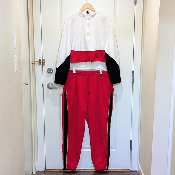SHEIN Pants - GUC SHEIN 3X Red Black and White Cotton Crop Top Co-ord Set Track Suit